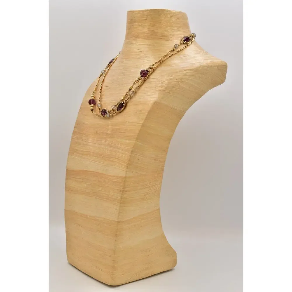 1928 Vintage Necklace Purple Crystal Gold Bezel Long Station Beaded Signed 9J